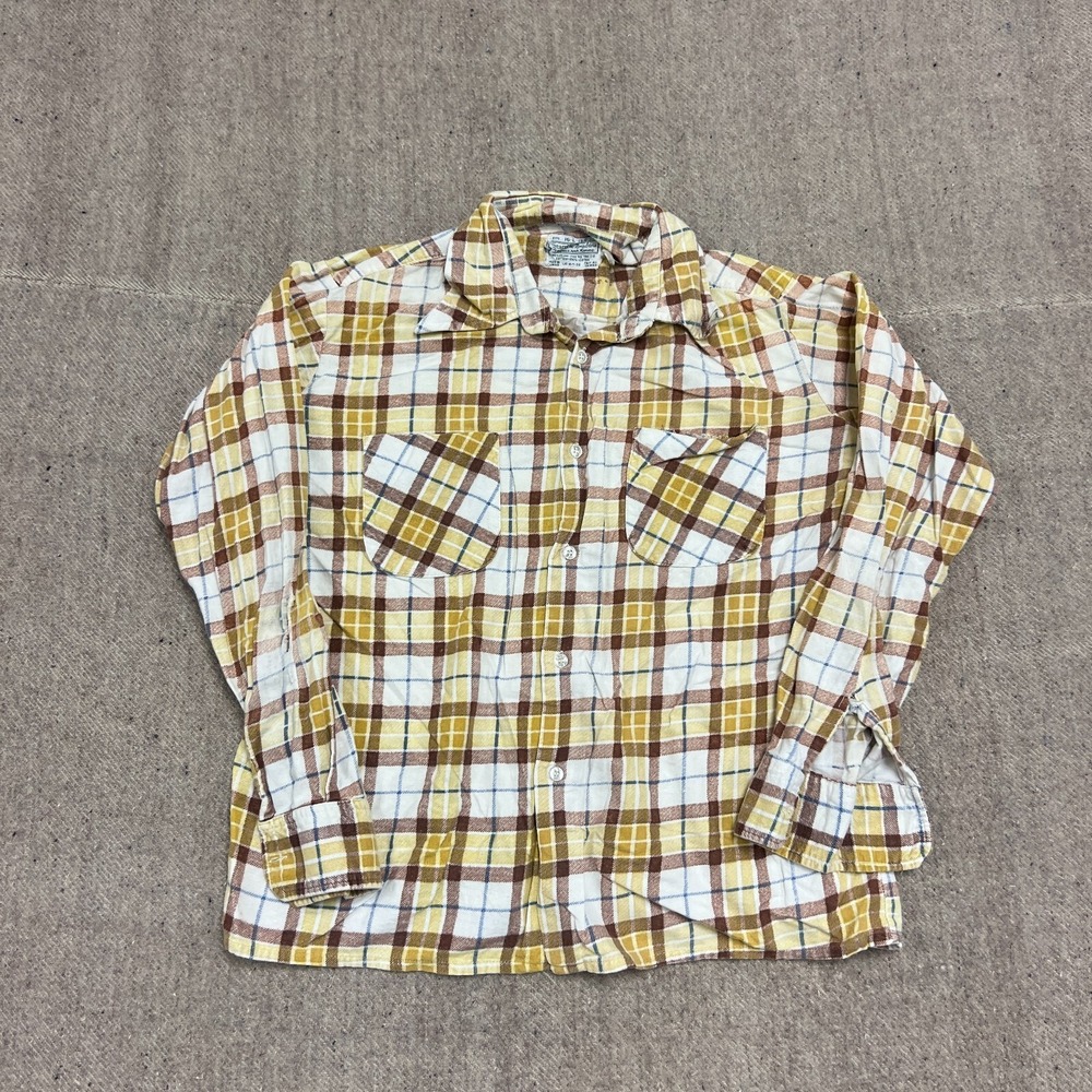 Vintage Sear Flannel Shirt Mens Large Yellow 1970s Long Sleeve
